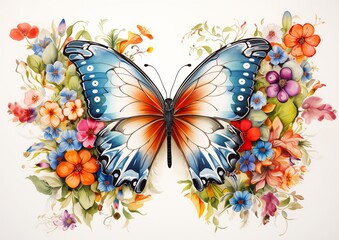 butterflies flowers painted white surface vector sticker blue red