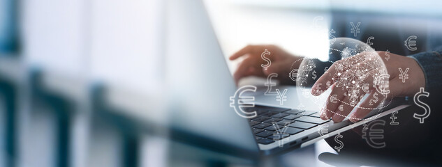 Currency exchange, money transfer, FinTech financial technology, Global business, online banking, interbank payment concept. Man using mobile phone and laptop computer with international currencies