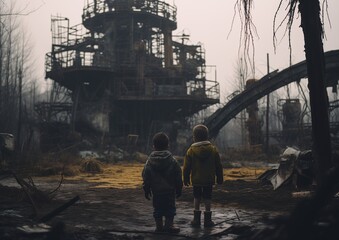 two children standing front building construction site background eerie forest post apocalyptic wasteland bright rays light palace thousand long boy set theme park