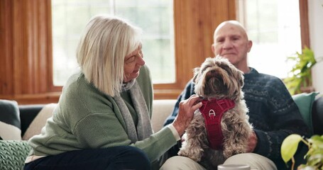 Canvas Print - Senior couple, dog and sofa in home with care, talking and love with bonding, relax and stroke with kindness. Elderly woman, old man and animal with play, touch and pet with chat on living room couch