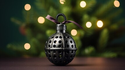 Canvas Print - A black grenade as christmas ornament with a bow on it, AI