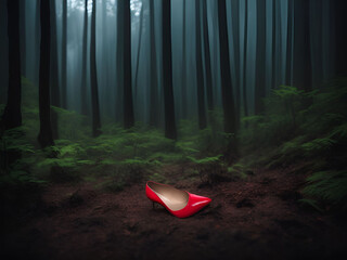 Red high heel in the forest. Generative ai
