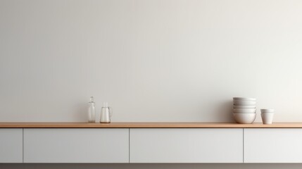 Poster - A white kitchen counter with a wooden shelf, AI