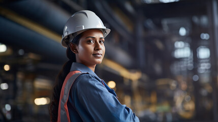 Wall Mural - Portrait of an Indian female engineer standing in a factory, a female engineer is working on a construction site background.