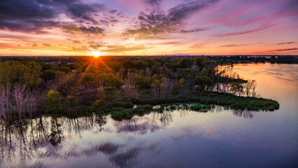 Wall Mural - Aerial view of Sandusky, Ohio shoreline at sunset, on the Erie lake.