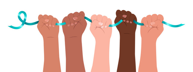 Diverse women`s hands hold a teal ribbon. Modern flat vector illustration.  Awareness for cervical cancer, Ovarian Cancer, and Polycystic Ovary Syndrome (PCOS).