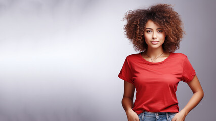 Wall Mural - Afro american woman wearing red t-shirt isolated on gray background