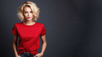 Wall Mural - Blonde woman wearing red t-shirt isolated on gray background