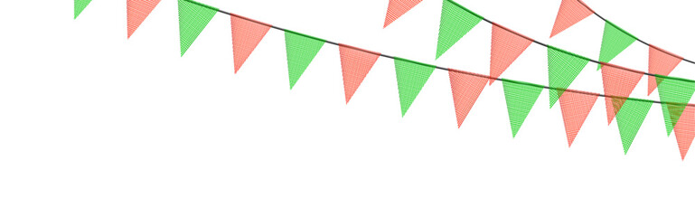 Wall Mural - Red and green new year bunting garlands with flags made of shredded pieces of fabric. Decorative multicolored party pennants for festival, party celebration.