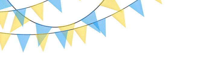 Wall Mural - Blue and yellow bunting garlands with flags made of shredded pieces of fabric. Decorative multicolored party pennants for festival, party celebration.