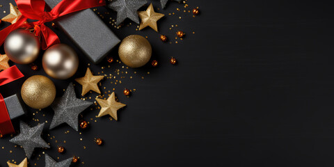 Wall Mural - Christmas banner with copy space. Christmas decoration with presents on black background. Copy space.