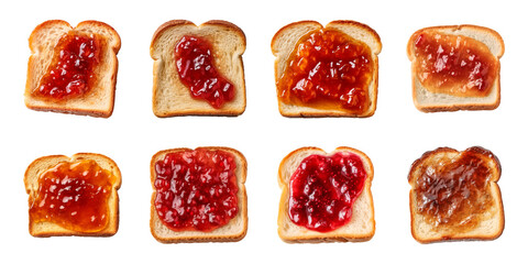 Wall Mural - Collection of slices of toasted bread with jam isolated on a transparent background