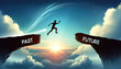 Leap of Progress: Man's Silhouette Jumping from Past to Future Over Cliff with Cloudy Sky Backdrop – Inspiration and Continuous Improvement Concept
