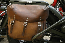 Old Brown Military Satchel. Original Vintage Military Leather Handbag With Motorcycle Buckles. Background.