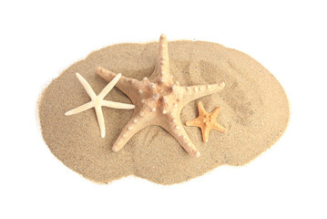 Wall Mural - Beautiful sea stars and sand isolated on white, above view