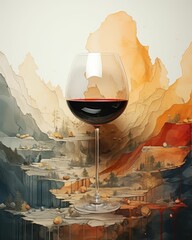 Wall Mural - AI generated illustration of a glass of red wine set in front of an abstract painting