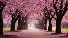 A Grove Of Cherry Blossom Trees In Full Bloom.