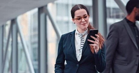Poster - Smile, corporate and business woman with phone for social media, networking and search. News, internet and mobile app with female employee in office building for contact, communication and technology