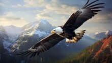 A Majestic Bald Eagle Soaring High Above Rugged Mountain Peaks