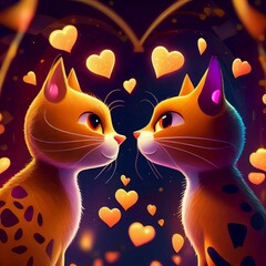 AI-generated illustration of two cartoon cats sitting opposite each other,hearts on blue background