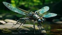 AI Generated Illustration Of A Vibrant Robotic Dragonfly Perched Atop A Sunlit Rock
