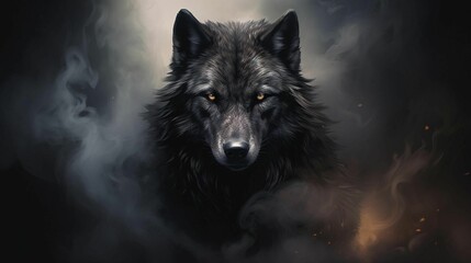  AI generated illustration of a fierce wolf with glowing orange eyes against a dark black background