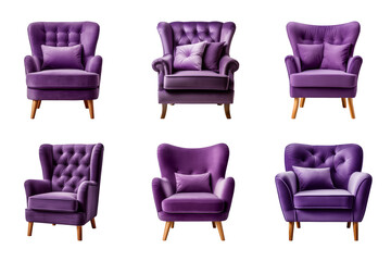 Wall Mural - Comfortable purple armchair collection isolated on a transparent background. Interior element