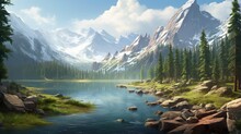 A Serene Mountain Lake Surrounded By Dense Pine Forests And Rocky Cliffs