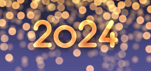 Wall Mural - Happy new year 2024 golden lettering on purple background with bokeh and round defocused glittering particles.
