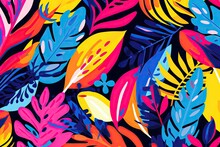 Modern Exotic Foliage Botanical Tropical Leaves And Floral Pattern. Abstract Jungle Nature Background. Contemporary Cartoon Style. Design For Print, Poster, Banner, Wallpaper, Textile