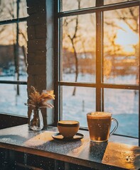 Canvas Print - Cup of hot coffee. Good morning. Winter holiday season. Cozy evening time.