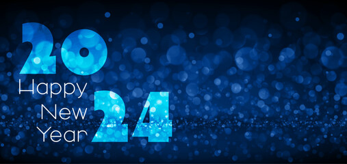 Wall Mural - Happy new year 2024 bright lettering on horizontal abstract blue banner with bokeh and blurred light particles.