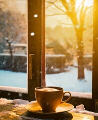 Canvas Print - Cup of hot coffee. Good morning. Winter holiday season. Cozy evening time.