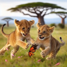 Two Lion Cubs Playing And Learning To Hunt