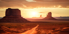 Sunset Over A Desert Road In Monument Valley In The Style Of Photorealistic Landscapes. Sundown Symphony, Desert Road In Monument Valle.