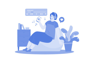 Wall Mural - Woman Listening To A Podcast While Sitting On A Beanbag Illustration concept on white background