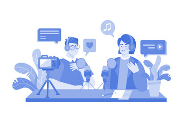 Wall Mural - Man And Woman Recording A Podcast Conversation Illustration concept on white background