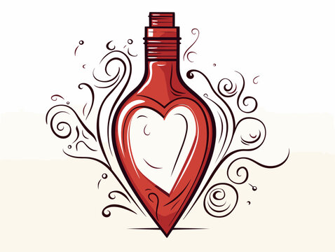 Drawing of Cartoon illustration of red heart inside a wine bottle illustration separated, sweeping overdrawn lines.