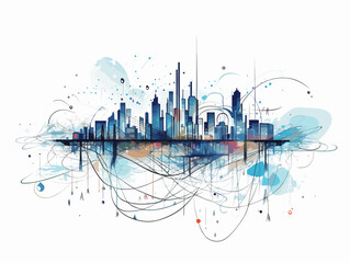 Wall Mural - Drawing of Digital smart city infrastructure and rapid data network illustration separated, sweeping overdrawn lines.