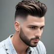 Man with long top short sides haircut on gray background