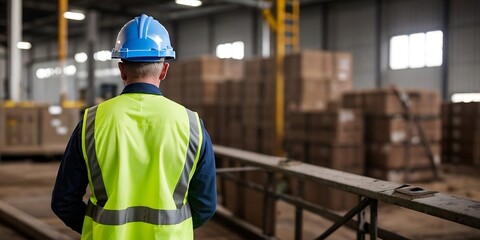 Back view of an industrial worker working on a project, wearing a safety vest and hard hat, safety concept