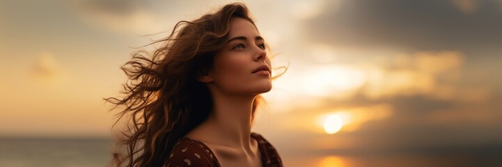 Poster - Caucasian woman looking at sunset sky