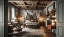 Elegant Victorian Bedroom With Ornate Canopy Bed And Fireplace