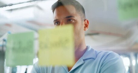 Leinwandbilder - Planning, focus and businessman writing ideas on a board for inspiration, agenda and creativity. Goal, research and employee with sticky note for brainstorming, analysis and reminder at work