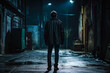 View from behind of a man standing in a dark alley at night. Concept of fear, suspense, thriller, and horror and suicide