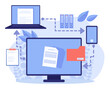 Modern devices with process of electronic document interchange. Flat vector illustration. Computer, laptop, smartphone, file folders. Paperwork efficiency concept