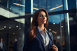 © Masquerade - a young beautiful woman in a formal suit against the background of a glass business building. female office worker, businesswoman.
