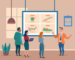 Poster - Business leader in glasses and suit giving presentation in front of his team in office Flat vector illustration. Projection screen with charts and diagrams. Finance report concept