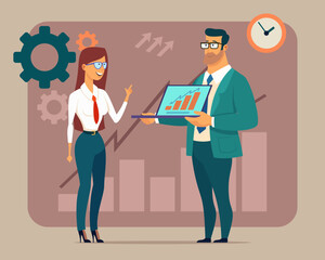 Poster - Business people in formal wear discussing financial report. Man in glasses and suit showing laptop with diagrams to his female colleague. Business, finance, time management, growth concept