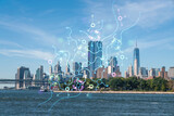 Fototapeta  - Brooklyn and Manhattan bridges, New York City financial downtown skyline panorama at day time over East River. Artificial Intelligence concept, hologram. AI, machine learning, neural network, robotics